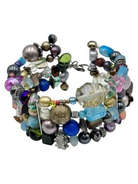 MIxed Media Beaded 4 Row Memory Wire Cuff Bangle Bracelet